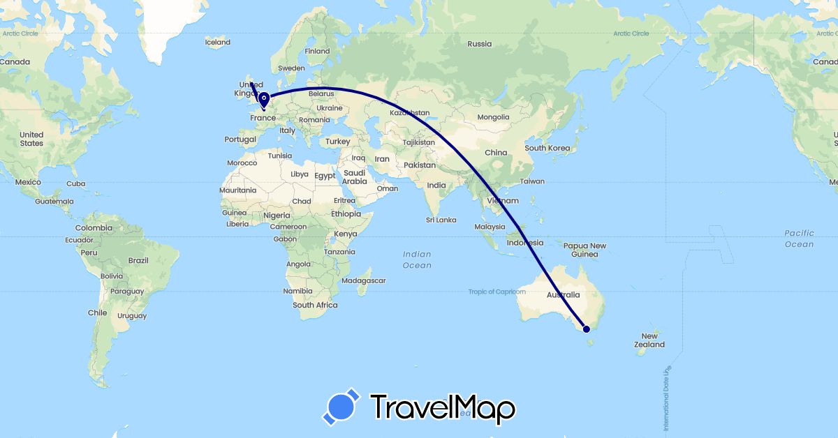 TravelMap itinerary: driving in Australia, Brunei, France, United Kingdom (Asia, Europe, Oceania)
